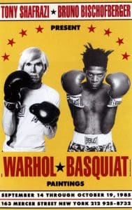 EXHIBITION POSTER FOR WARHOL BASQUIAT PAINTINGS AT TONY SHAFRAZI GALLERY, NEW YORK, 1985