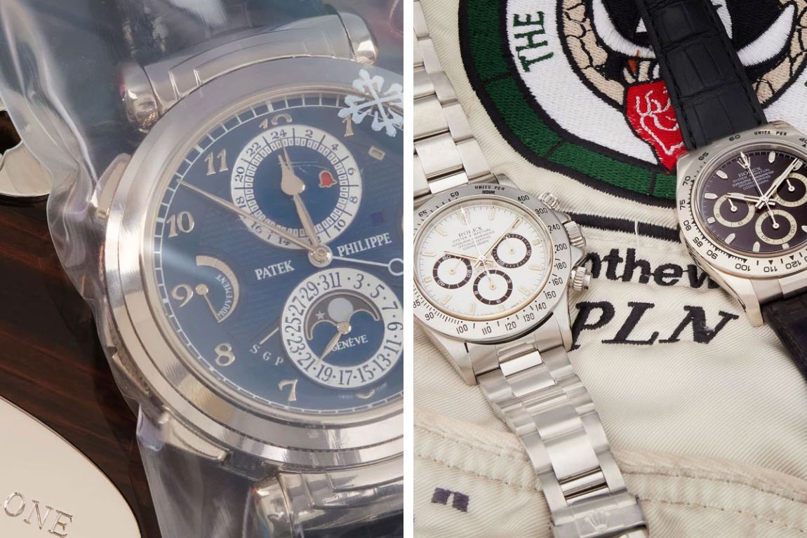 SYLVESTER STALLONE’S PATEK PHILIPPE GRANDMASTER CHIME REFERENCE 6300G-010 ACHIEVED $5.4 MILLION OFF A $2.5-5 MILLION HIGH ESTIMATE IN JUNE 2024. PAUL NEWMAN’S REFERENCE 16520 ‘ZENITH’ DAYTONA (LEFT) AND REFERENCE 116519 WHITE-GOLD DAYTONA (RIGHT) BOTH OWNED BY THE ACTOR HIMSELF SURPASSED THEIR HIGH ESTIMATES IN JUNE 2023.