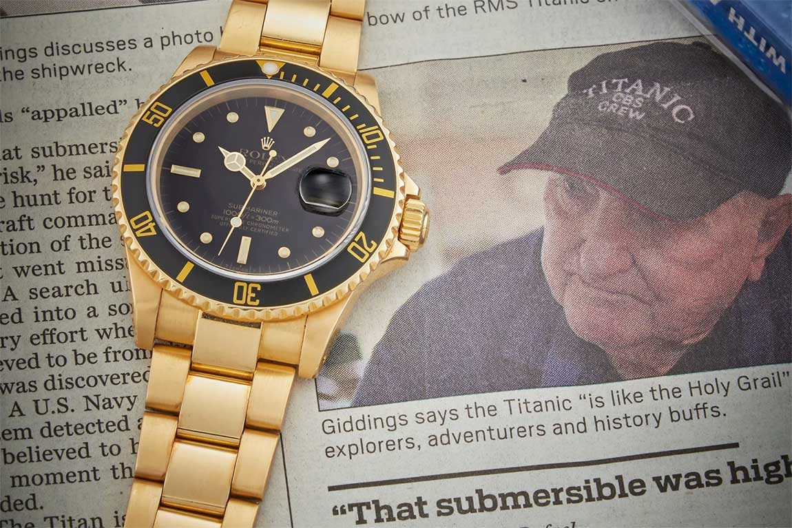 AL GIDDINGS’ VINTAGE GOLD ROLEX SUBMARINER WATCH WAS WORN BY BILL PAXTON IN TITANIC. ESTIMATE: $30,000-60,000