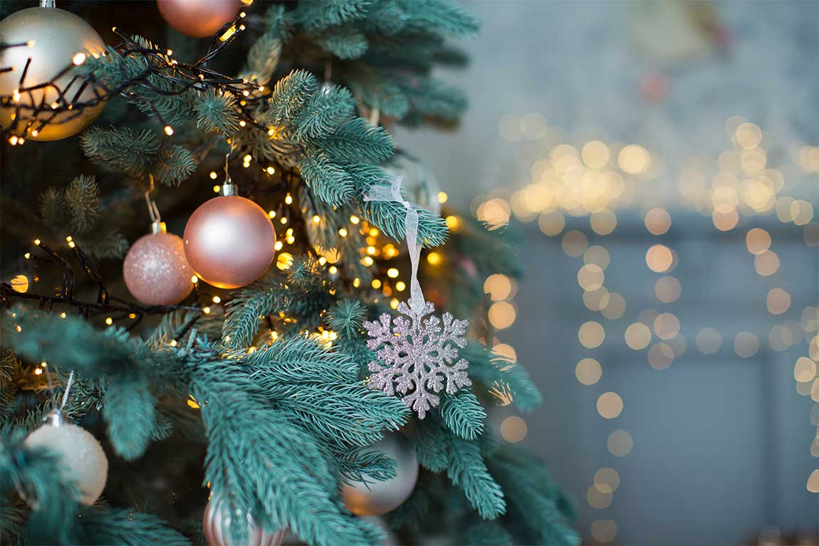 Christmas decorations in the Cayman Islands, close up for Christmas tree with twinkling lights