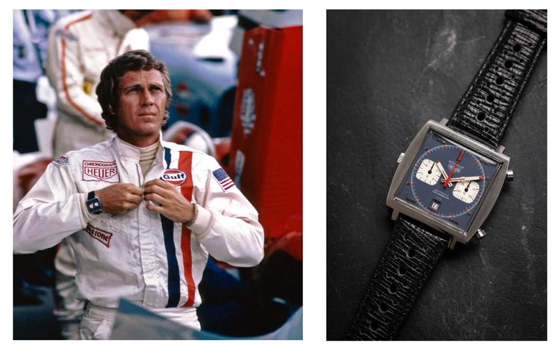 Left: Steve McQueen wearing the Heuer Monaco during filming of Le Mans, copyright Mel Traxel,Courtesy of TAG Heuer Right: Heuer Ref. 1133B